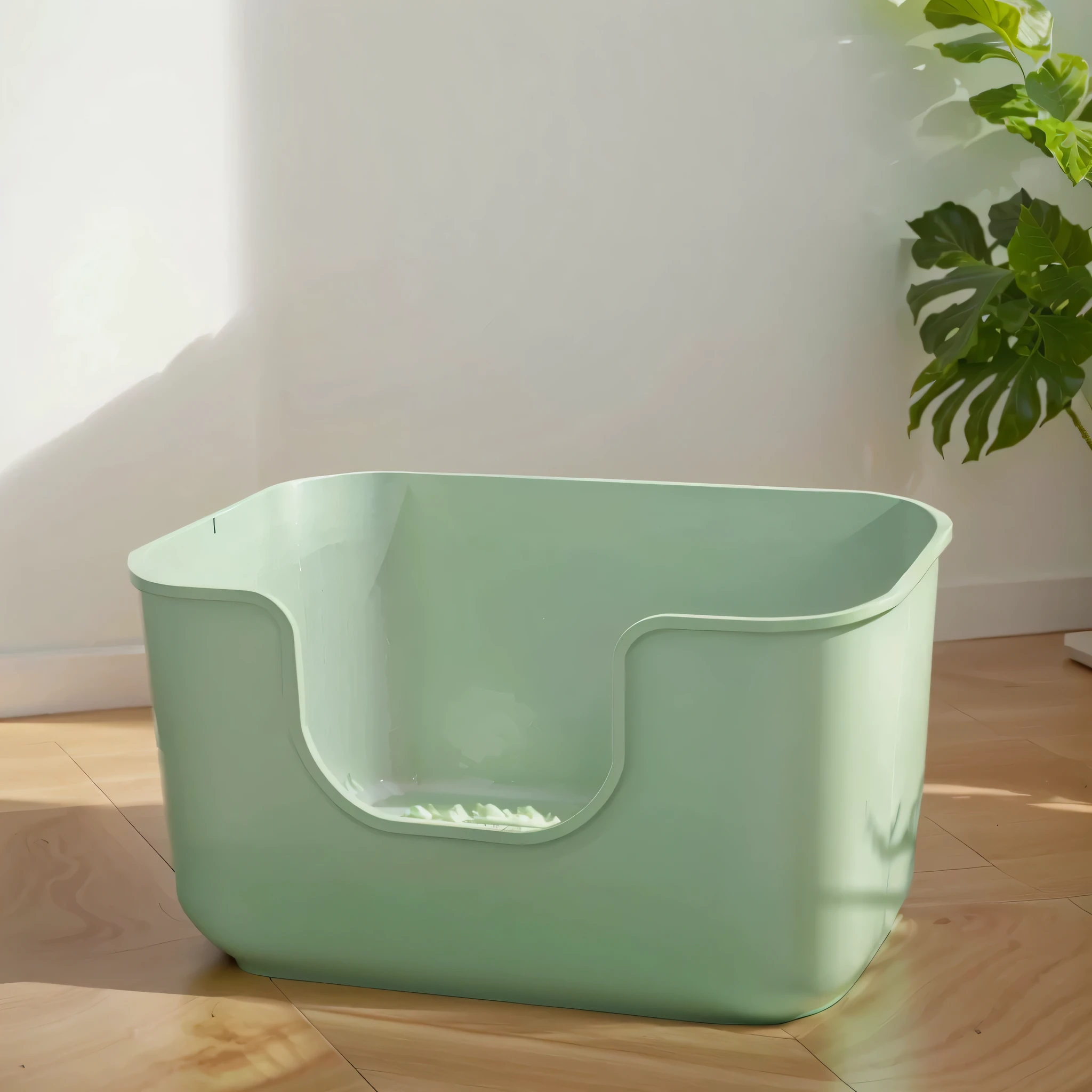 A green cat litter box is placed on the wooden floor，There is a plant next to it., Light green, Hard color, Eero Aarnio, flat, seafoam green, Mixed Art, Ease of use, A big one,  Designed for comfort and aesthetics!, Clean design，Japanese style interior decoration environment，Natural light and shadow，Mint Green Cat Litter Box