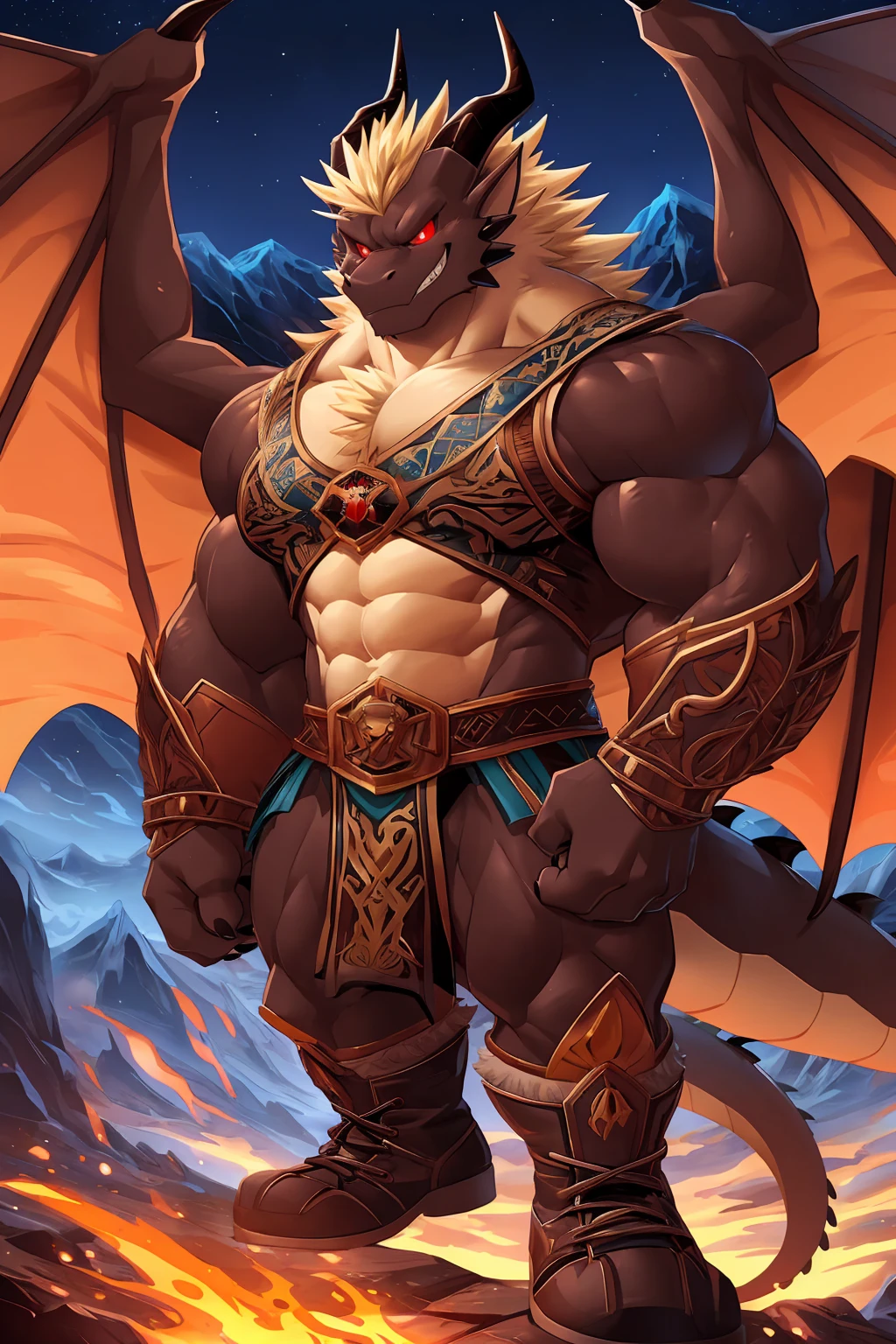 (sfw:1.5), male focus, Handsome 1boy, solitary, single,protrait photo, (Light blond thick eyebrows:1.3), (Black nails, Black Claws:1.3), (Dark brown dragon wings, Translucent wing membrane:1.5), Dark brown skin, Light blond chest hair, Light golden belly hair, (Dark brown tail:1.4), White fangs, (Perfect red eyes:1.4), (Dark brown ears, Dark brown body:1.3), (Dark brown thick horns, Dark brown horns, Dark brown curved horns:1.4), (黑棕色的Dragon Tail:1.2), (Light blond hair:1.4), Beige chest,
demon, feet, Demom, devil, devil boy, devil body, Demom boy, Demom body, (evil eyes, big eyes, large eyes:1.4), (Dragon Tail:1.4), (Chubby, The body is huge, Larger face:1.2), (Bare neck:1.4),
(Ancient costume:1.5), (Dark brown clothing:1.4), (brown belt:1.3), (Dark brown boots, Red shoelaces:1.2), (Red clothes texture:1.3), (Mars splashes, spark:1.2),
(full body:1.3), (Mature men:1.4), (Strong body, muscle,Strong male, muscle男:1.3), (Thick arms, Strong and strong legs, Strong legs:1.3), (look up, Standing:1.3), (Looking at the audience, Focus, Eyes gaze:1.2), (grace, charming, charm, arrogant:1.3), (evil smile, evil grin, Smirk:1.3),
full background, Night, Mountains and rivers, hell, confusion, magma, flame, Broken Ground,
Mysterious and romantic atmosphere, Caustic lines(refraction, polarization)Perfect anatomical structure, absurd, Detailed background, (Delicate eyes:1.3),Printing style。((artist:Takemoto Arashi))