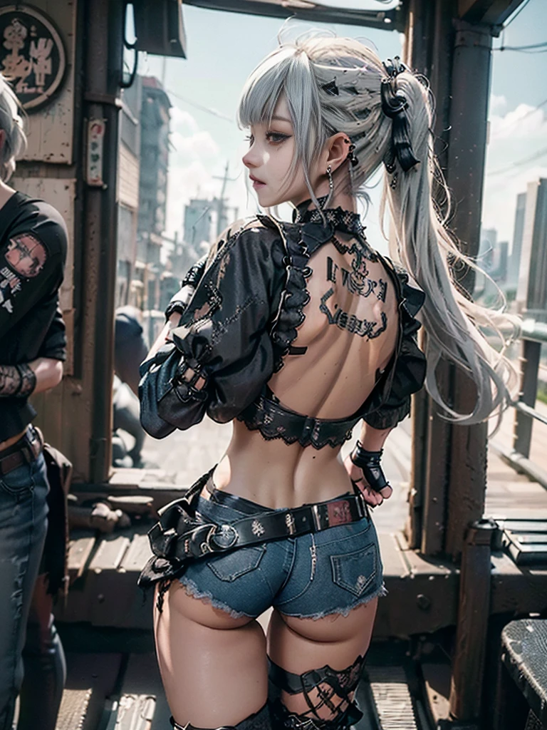 (Full Body View:1.3)、(Side view:1.1)、(Wearing a thong:1.4)、(Accentuate your butt:1.3)、(Smiling with teeth showing:1.3),(Shibuya Gal:1.5)、(Neo-goth style fashion:1.5)、(Punk RockVisual Kei:1.4)、(A high-leg bodysuit in a delicate design of denim, silver and black:1.5)、(Denim, black gloves and sailor shirt:1.5)、(Denim high heels:1.3)、(Wearing silver accessories:1.5)、(Denim collar:1.4)、(Black Leather Garter Belt:1.4)、(Brown Skin Belt:1.3)、(Black lace underwear:1.5)、20-year-old、NSFW、((Highest quality、In 8K、masterpiece:1.3))、Sharp focus:1.2、(Layered Cut、Huge boobs:1.1),Beautiful woman with perfect figure:1.4、(Dancing vigorously:1.3)、Slender Abs:1.2、Highly detailed face and skin texture、Detailed eyes、double eyelid,(Twin tails:1.3)、(Cream colored hair:1.3)、Gravure idol、(The Caribbean cityscape in the background:1.3)、(Slim body:1.3),(Make your legs thinner:1.4),(clavicle:1.1)