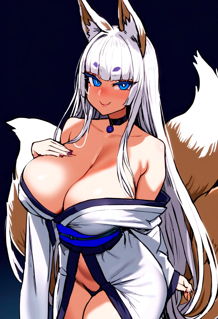 masterpiece, best quality,  kitsune 1girl, solo, beautiful kitsune woman, fox ears, bangs, white hair, very long hair, blue eyes, smug, large breasts, black choker, shoulderless kimono, white kimono, long kimono, long kimono sleeves, blue sash, 5 fox tails, white fox tails, white hair, looking at viewer   