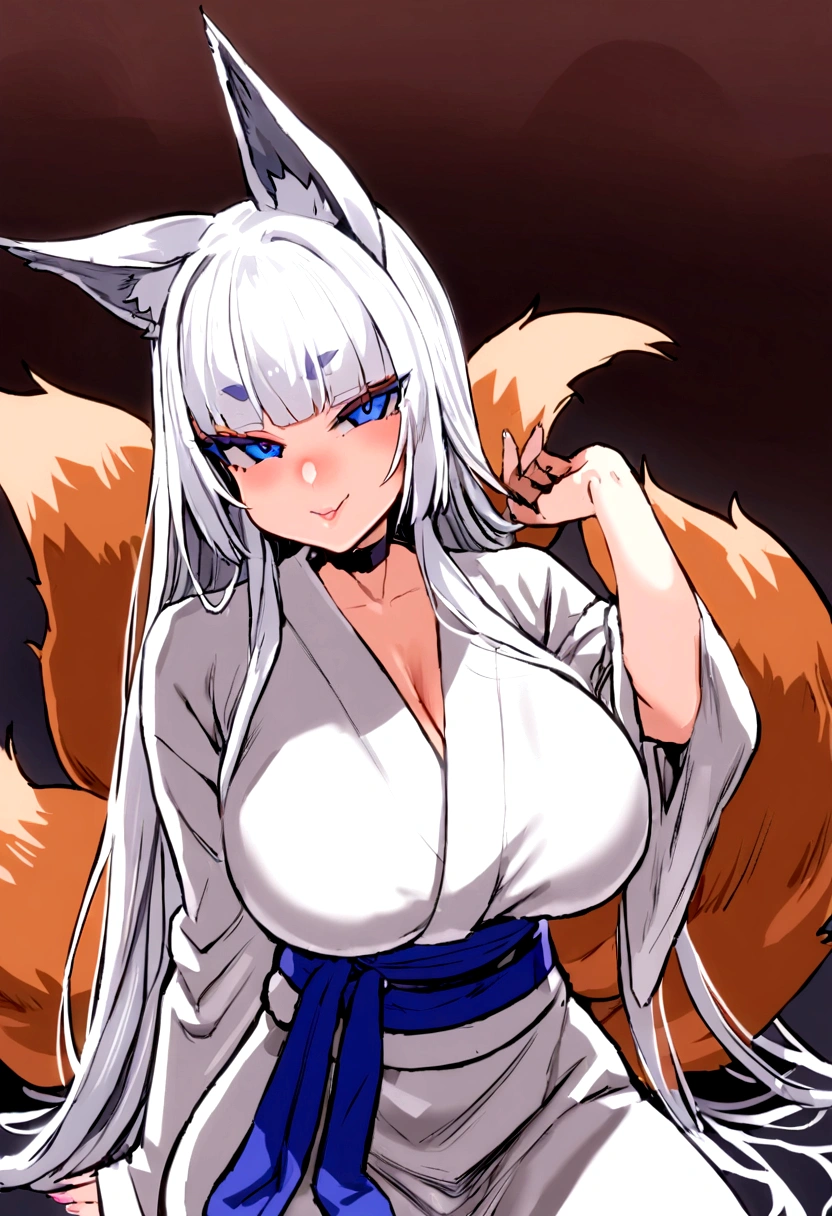 masterpiece, best quality,  kitsune 1girl, solo, beautiful kitsune woman, fox ears, bangs, white hair, very long hair, blue eyes, smug, large breasts, black choker, shoulderless kimono, white kimono, long kimono, long kimono sleeves, blue sash, 5 fox tails, white fox tails, white hair, looking at viewer   