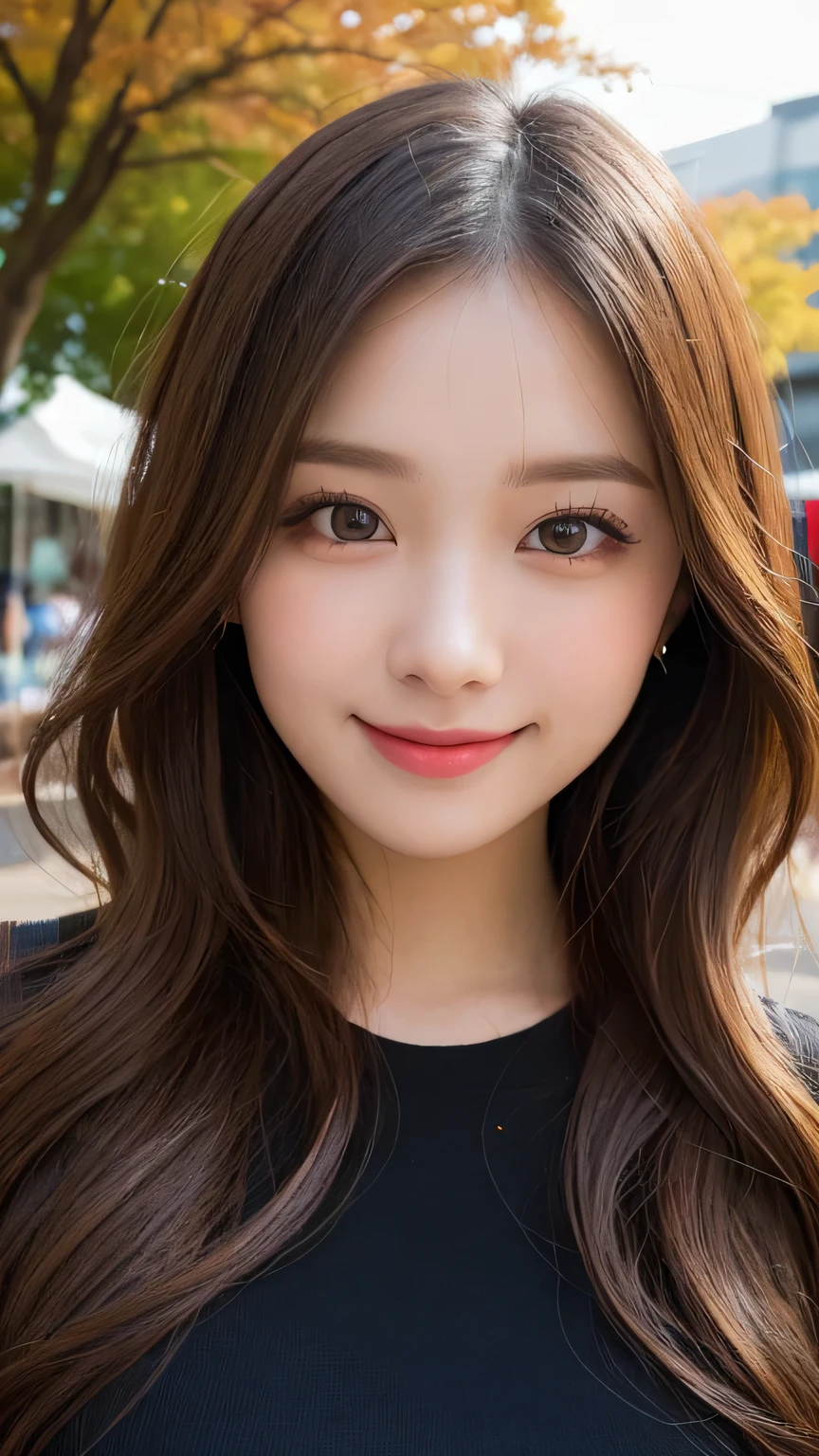 Tabletop, Highest quality, figure, Super detailed, In detail, High resolution, 8k wallpaper, Perfect dynamic composition, Beautiful attention to detail, Autumn fashion for women,Wavy Hair,Huge 、Natural color lip, Bold sexy pose,smile,Harajuku、20-year-old girl、cute、sexy shot looking at camera、Close-up of face