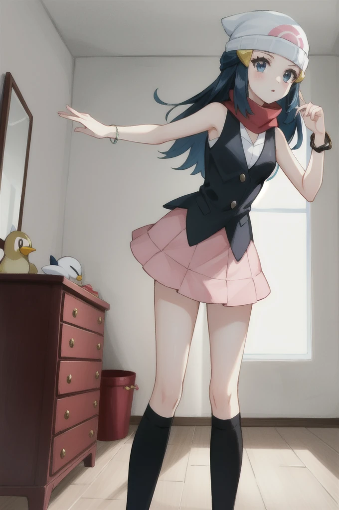 (masterpiece, best quality),  intricate details,
1girl,    pokemon dawn, black hair, blue eyes, sidelocks, long hair,, bare shoulders, beanie, black shirt, black socks, bracelet, hat, jewelry, kneehighs, miniskirt, pink skirt, red scarf, scarf, shirt, skirt, sleeveless, sleeveless shirt, white headwear,
indoors, penguin, bedroom,standing_split