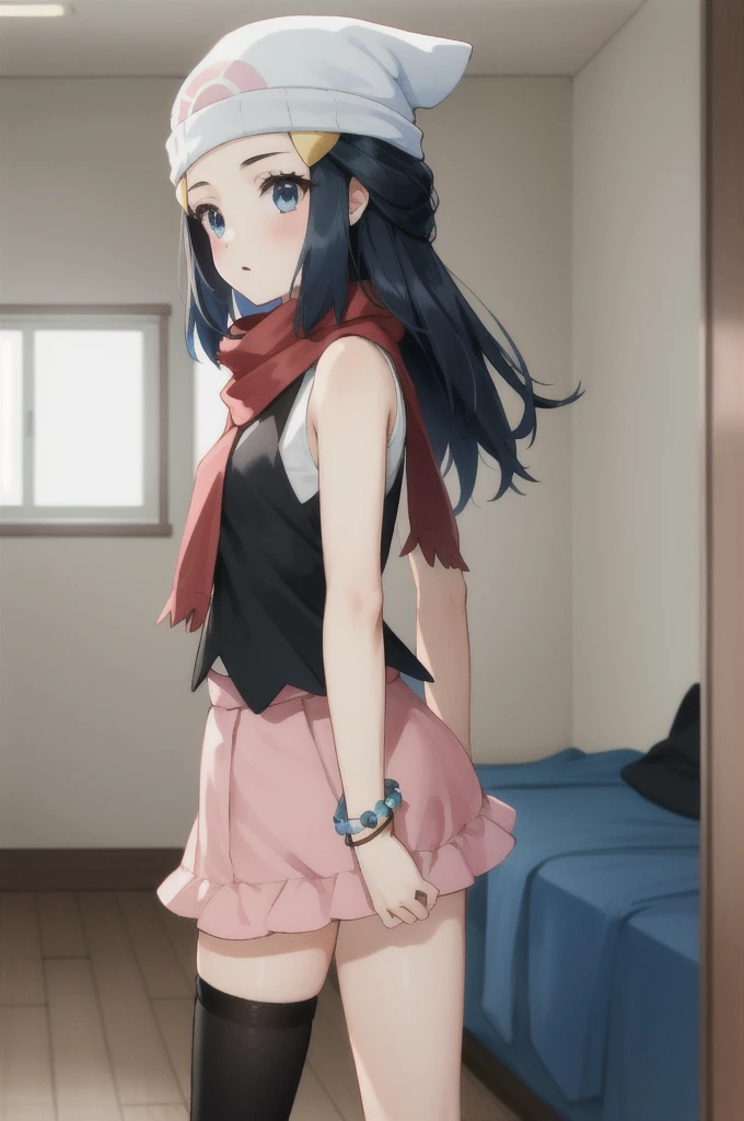 (masterpiece, best quality),  intricate details,
1girl,    pokemon dawn, black hair, blue eyes, sidelocks, long hair,, bare shoulders, beanie, black shirt, black socks, bracelet, hat, jewelry, kneehighs, miniskirt, pink skirt, red scarf, scarf, shirt, skirt, sleeveless, sleeveless shirt, white headwear,
indoors, penguin, bedroom,standing_split