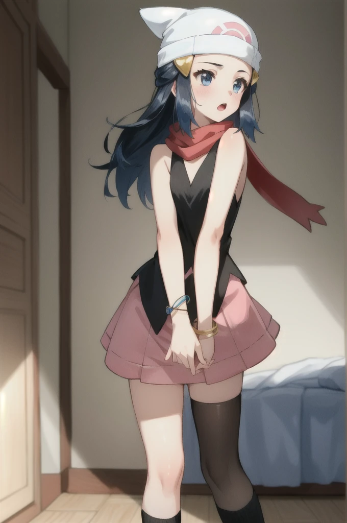 (masterpiece, best quality),  intricate details,
1girl,    pokemon dawn, black hair, blue eyes, sidelocks, long hair,, bare shoulders, beanie, black shirt, black socks, bracelet, hat, jewelry, kneehighs, miniskirt, pink skirt, red scarf, scarf, shirt, skirt, sleeveless, sleeveless shirt, white headwear,
indoors, penguin, bedroom,standing_split