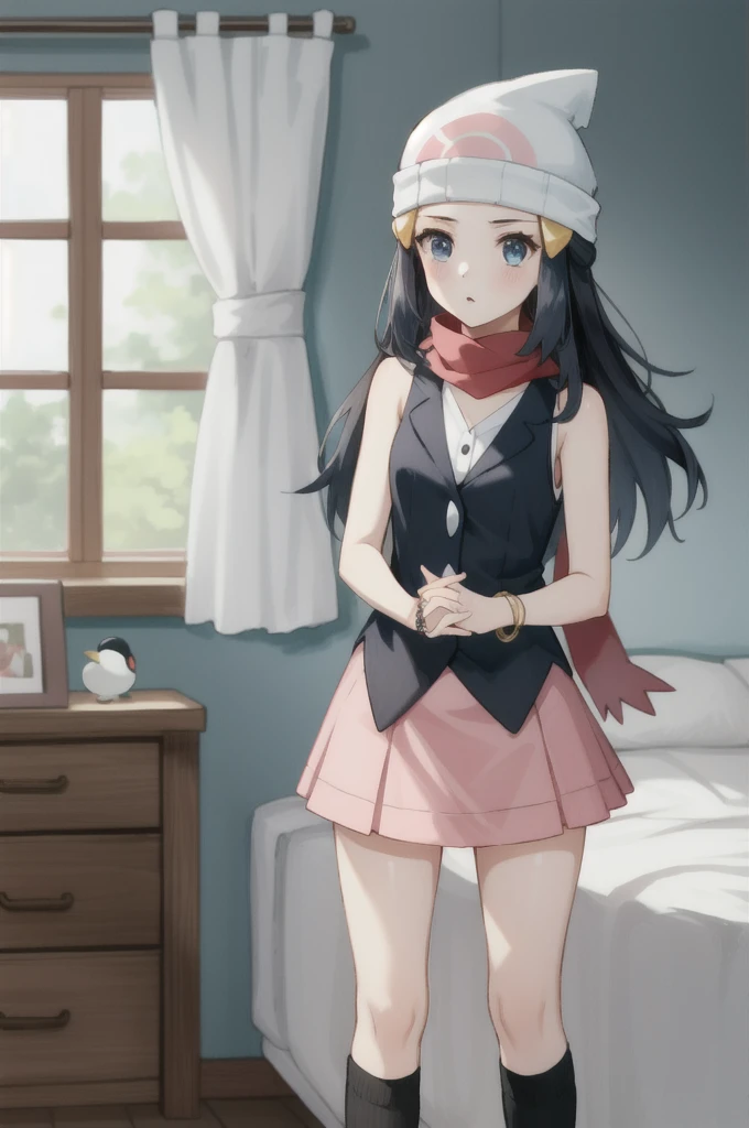 (masterpiece, best quality),  intricate details,
1girl,    pokemon dawn, black hair, blue eyes, sidelocks, long hair,, bare shoulders, beanie, black shirt, black socks, bracelet, hat, jewelry, kneehighs, miniskirt, pink skirt, red scarf, scarf, shirt, skirt, sleeveless, sleeveless shirt, white headwear,
indoors, penguin, bedroom,standing_split