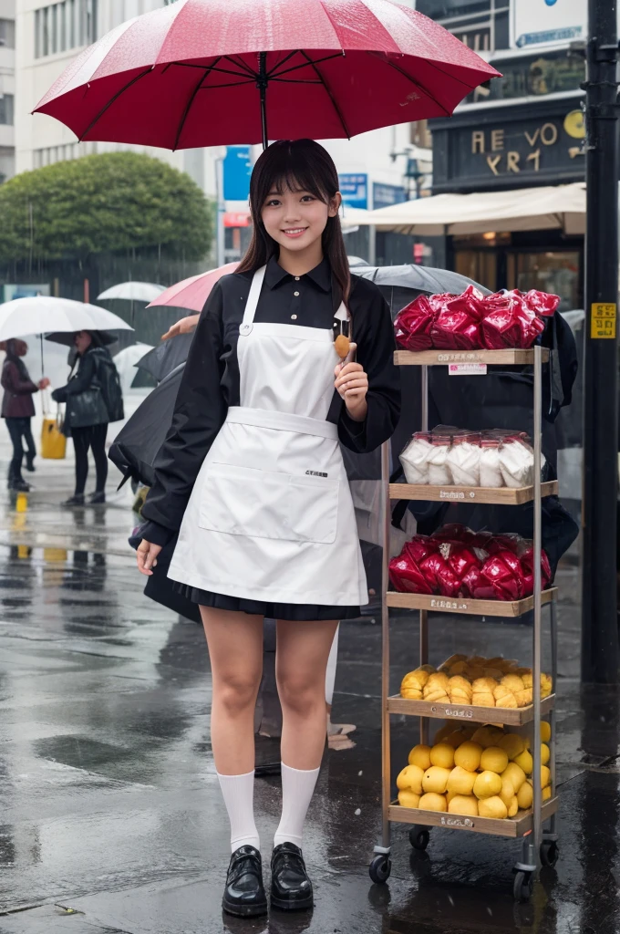 A 20-year-old girl selling umbrellas with umbrellas lined up（Wearing a miniskirt and apron）on a rainy day