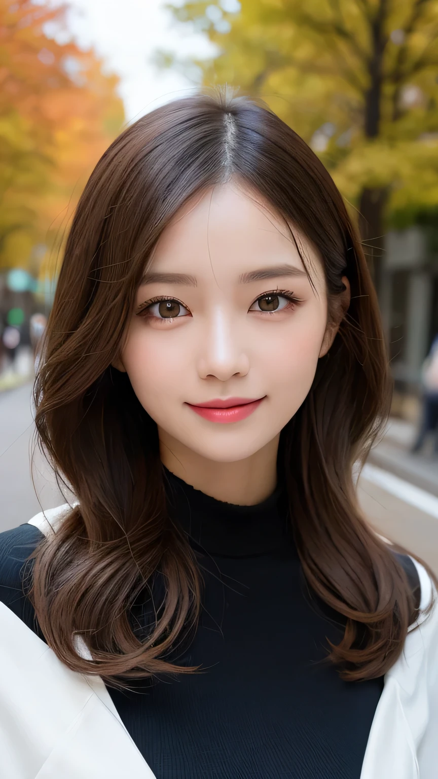 Tabletop, Highest quality, figure, Super detailed, In detail, High resolution, 8k wallpaper, Perfect dynamic composition, Beautiful attention to detail, Autumn fashion for women,Wavy Hair,Huge 、Natural color lip, Bold sexy pose,smile,Harajuku、20-year-old girl、cute、sexy shot looking at camera、Close-up of face