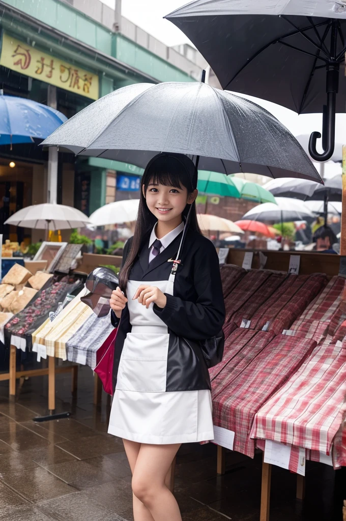 A 20-year-old girl selling umbrellas with umbrellas lined up(Wearing a miniskirt and apron)
