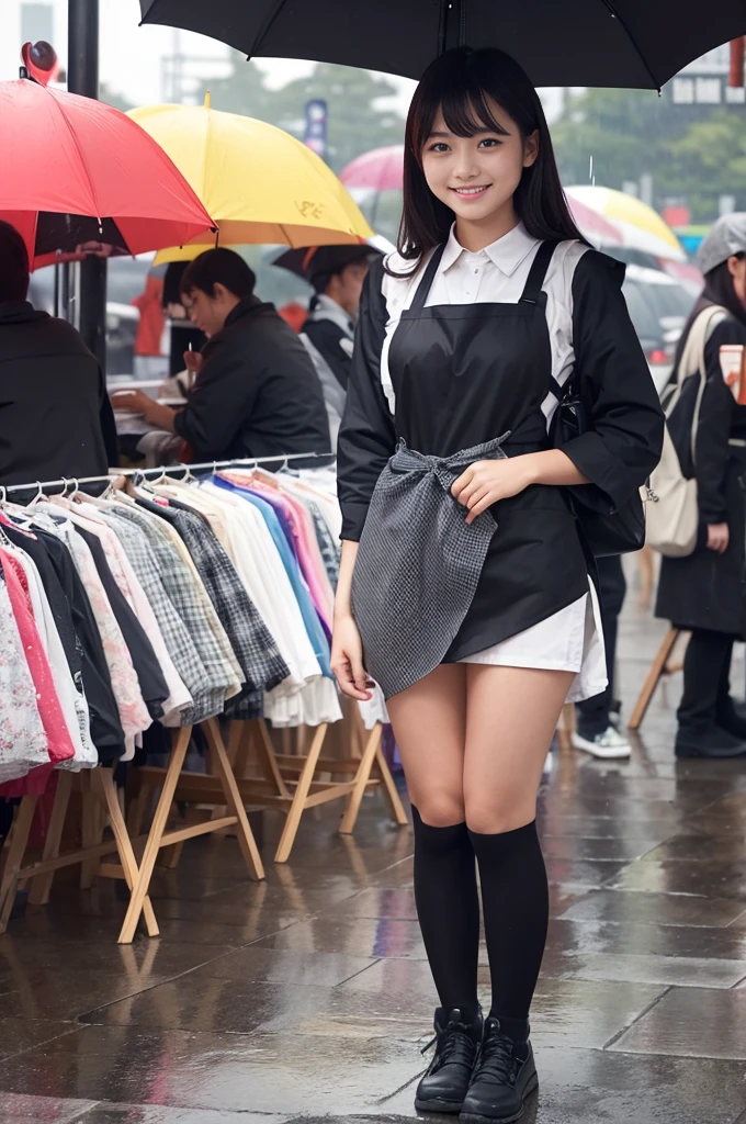 A 20-year-old girl selling umbrellas with umbrellas lined up(Wearing a miniskirt and apron)on a rainy day