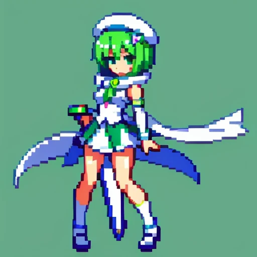 Pixel art、whole body、Left facing（important）、Small breasts、Mint green and white、Bow-legged、Hold two swords in each hand、Sword of light in right hand、Dark sword in left hand、Magical girl、beret、Short Bob Hair、A loose scarf is wrapped around the neck。hair color：Soft、Light mint green hair, almost white。Eye color：Green Eyes。Costume：白とライトグリーンを基調としたMagical girlのCostume。She is wearing a petal-like mini slit skirt.。