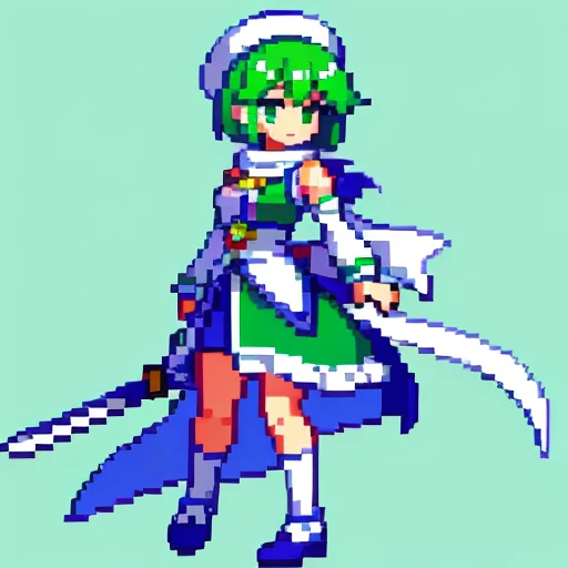 Pixel art、whole body、Left facing（important）、Small breasts、Mint green and white、Bow-legged、Hold two swords in each hand、Sword of light in right hand、Dark sword in left hand、Magical girl、beret、Short Bob Hair、A loose scarf is wrapped around the neck。hair color：Soft、Light mint green hair, almost white。Eye color：Green Eyes。Costume：白とライトグリーンを基調としたMagical girlのCostume。She is wearing a petal-like mini slit skirt.。