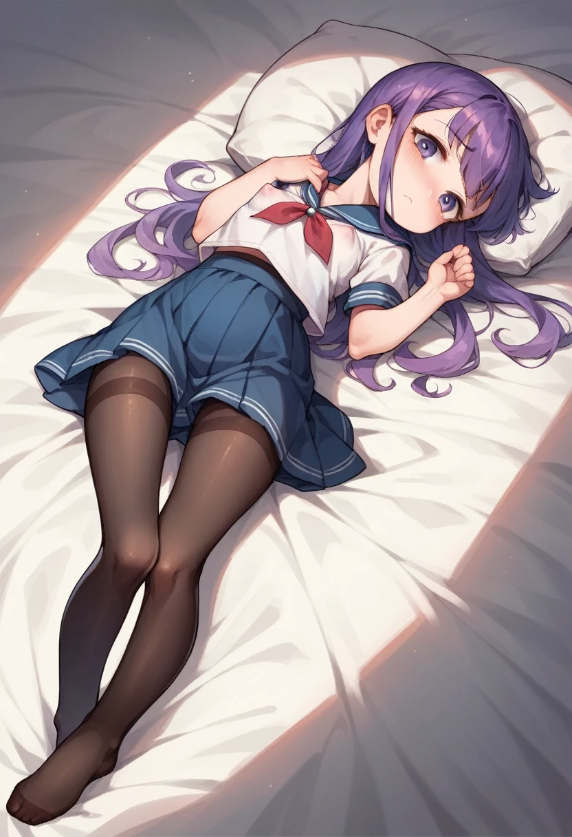 black leggings,loli,sailor,dress,cute,lying,,purple hair,long hair,,shy,medium breasts