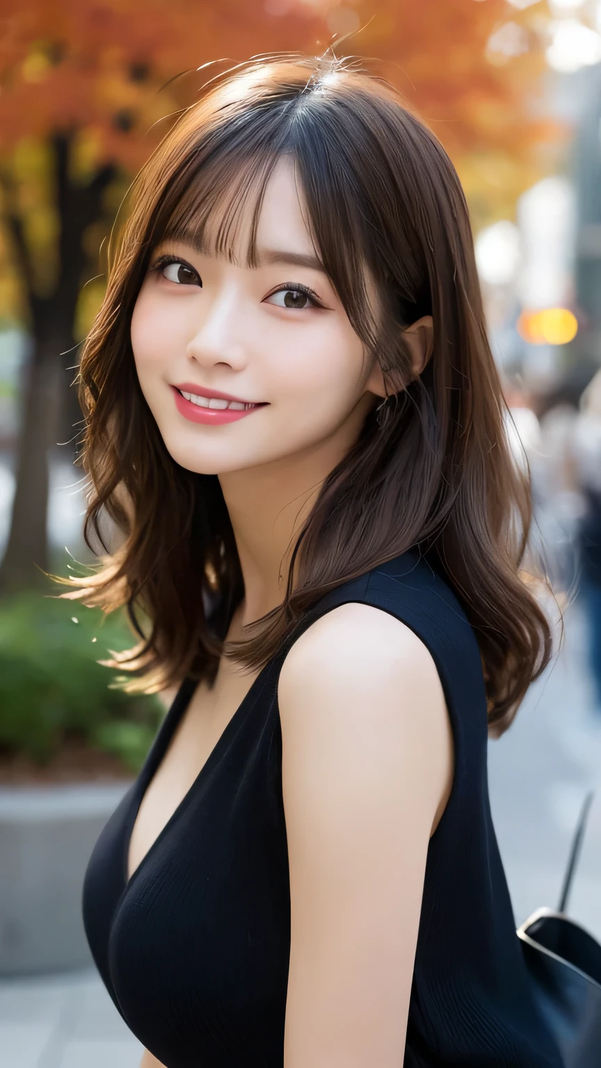 Tabletop, Highest quality, figure, Super detailed, In detail, High resolution, 8k wallpaper, Perfect dynamic composition, Beautiful attention to detail, Autumn fashion for women,Wavy Hair,Huge boobs、Natural color lip, Bold sexy pose,smile,Harajuku、20-year-old girl、cute、sexy shot looking at camera、Close-up of face