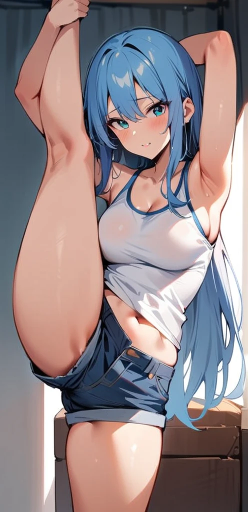 (masterpiece, best quality:1.2), 1girl, solo,standing_split,
long hair, White sleeveless tank top,blue denim shorts