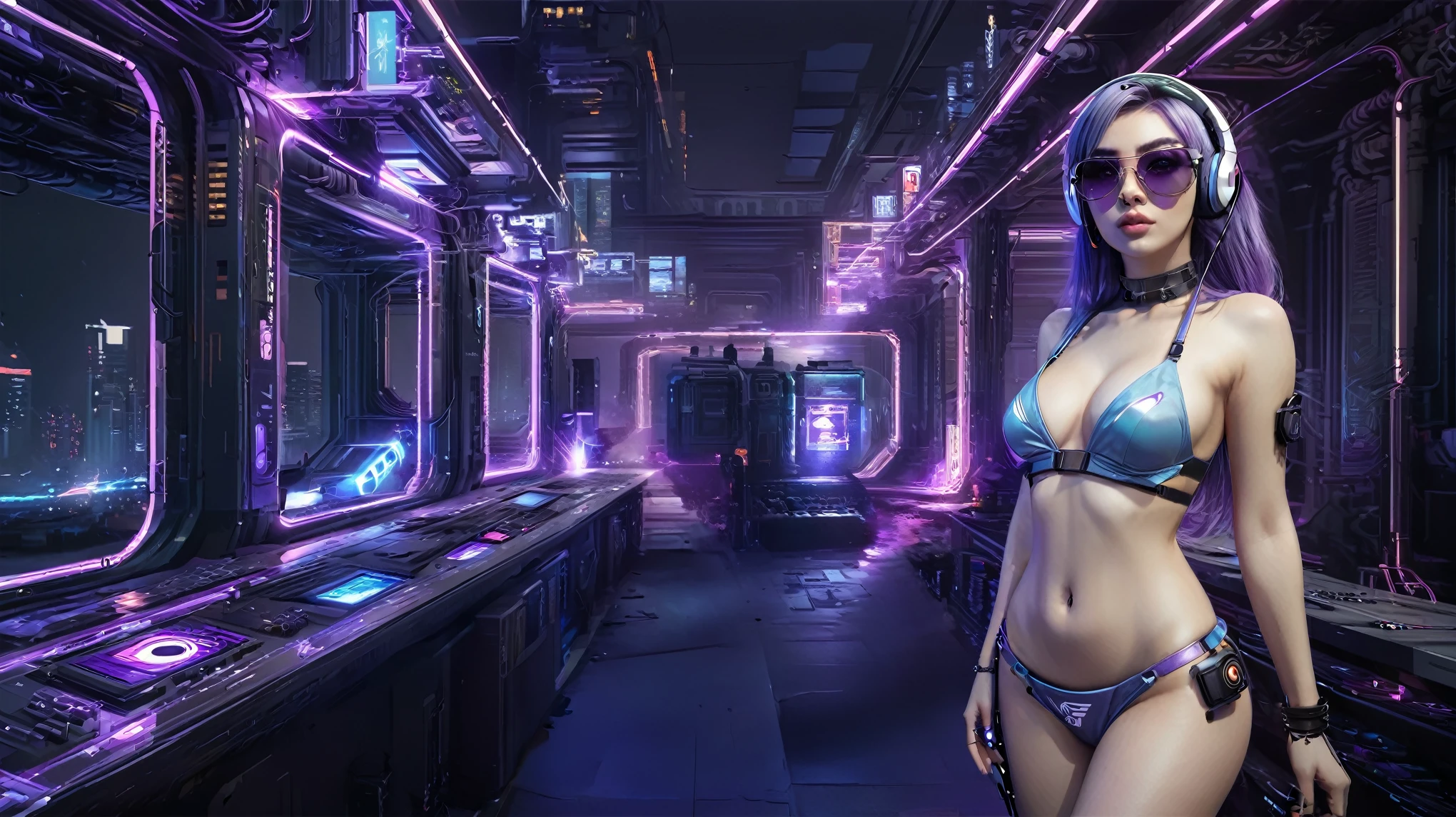 masterpiece, best quality, high resolution, 8k, (Portrait Photos:1.5), (R Original Photo), real picture, Digital Photography, (A fusion of cyberpunk and fantasy), 20 year old girl, solo, (((black sunglasses, headphone))), Feel free to hairstyle, Purple Eyes, By Bangs, (large breasts, cleavage, Accessories, Elegant and charming, Combination of cyberpunk and fantasy style clothing, Hollow carving design, Photo poses, Realistic style, (((((((pistol shooting pose))))))), oc render reflection texture, sentry, (((((Cyberpunk style future city, Moai shape buildings))))), night, Bustling streets, (((((half-body (thigh level) medium shot))))).