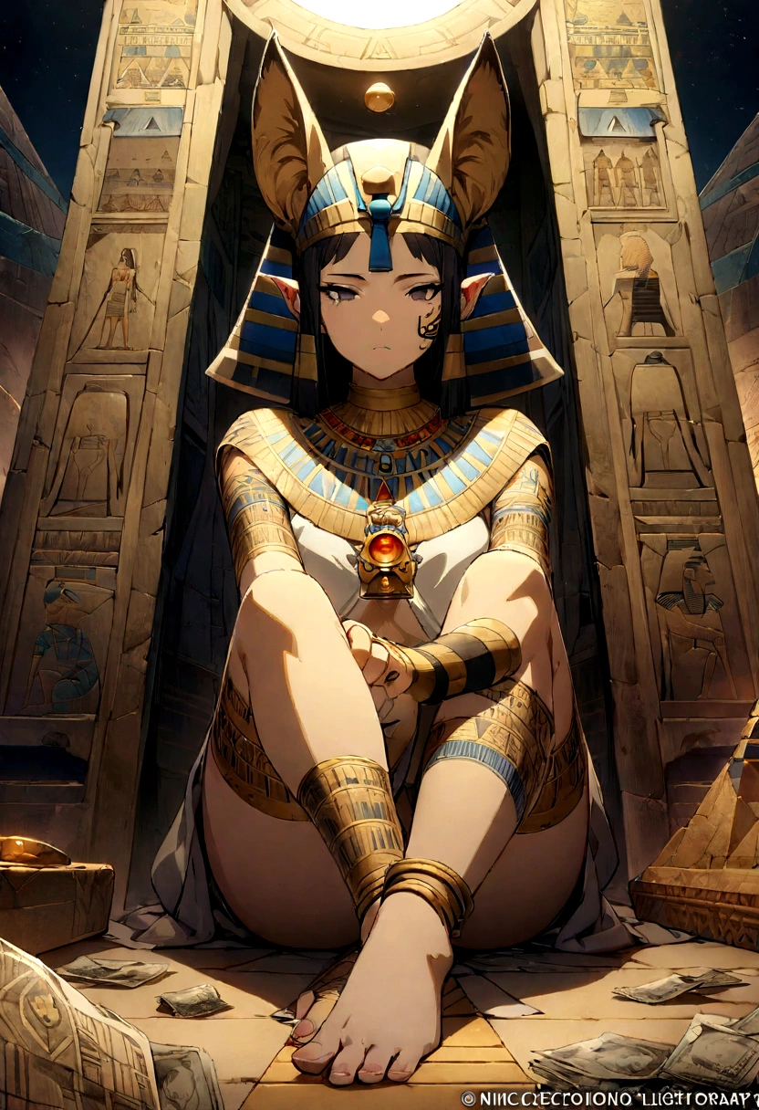(masterpiece, Highest quality, Highest quality, Official Art, beautifully、aesthetic:1.3), (One girl:1.3), Very detailed, colorful, Most detailed,((Super detailed)), (Highly detailed CG illustrations), ((Very delicate and beautiful)), Cinematic Light, , Rubbing the anus, alone, (Abstract art:1), whole body, night, ((ancient Egypt theme)), (Anubis ears), pyramid, staff, (Money), Moneyen ornaments, ((Expressionless)), Pharaoh, Hieroglyphics, Portraiture, Body tattoos, Face Tattoos, Active Pause, Headlight, tooth, Sitting, relic,
