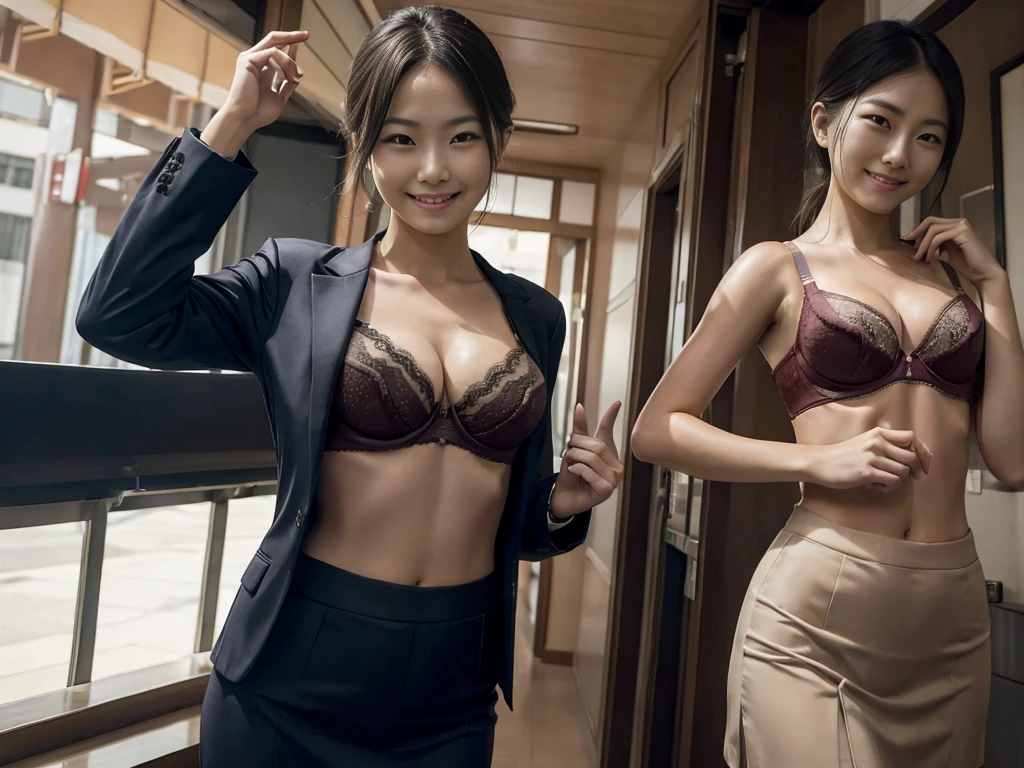 (show bra:1.6),2 woman,commemorative photograph,a 2 woman in a skirt, looking at the viewer, smiling, in tokyo, very slim, (deep v-neck suit), floating, High saturation, Dynamic Angle,
