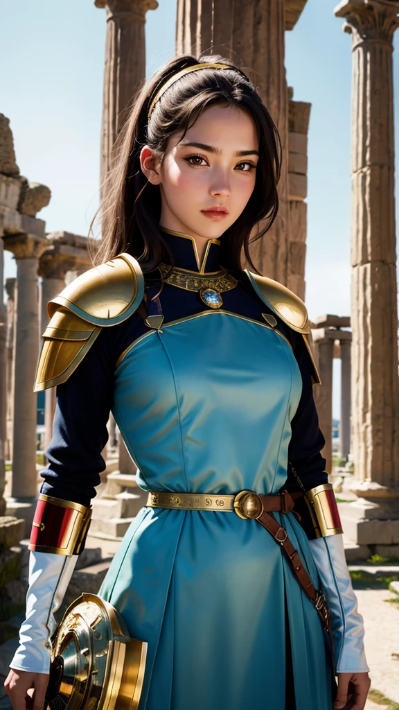 (HDR:1.2) best quality, 4k, 8k, (ultra high resolution), (HD photo:1.6), (sharp focus), (Kodak Portra 400 film), Close-up of a young woman with a costume inspired by a Roman soldier, (perfect face, perfect body, perfect anatomy) armor, sword, posing in front of the viewer in front of a Roman temple