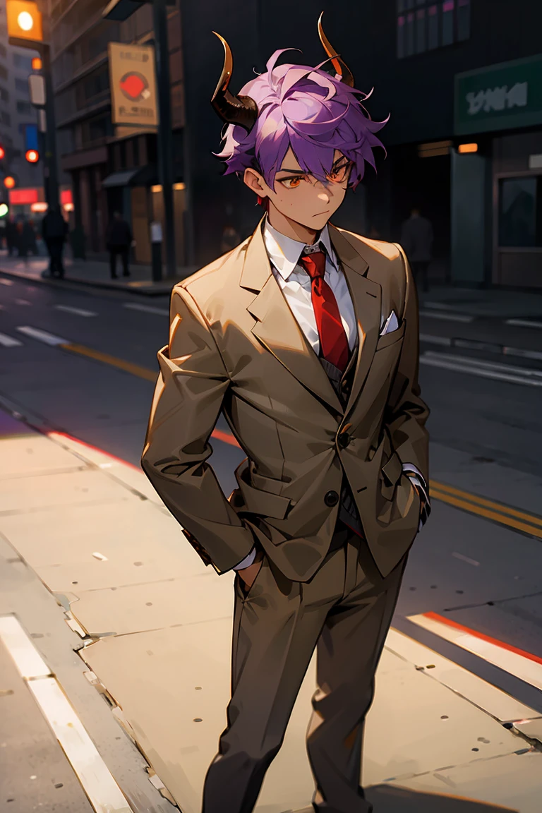 Purple Messy Hair ,Golden Eyes, Bull Horns , Undercut Hair , Tan Skin , Grey Blazer with a White button up and red tie , Dark Green Slacks , Modern City Background , Standing on sidewalk , 