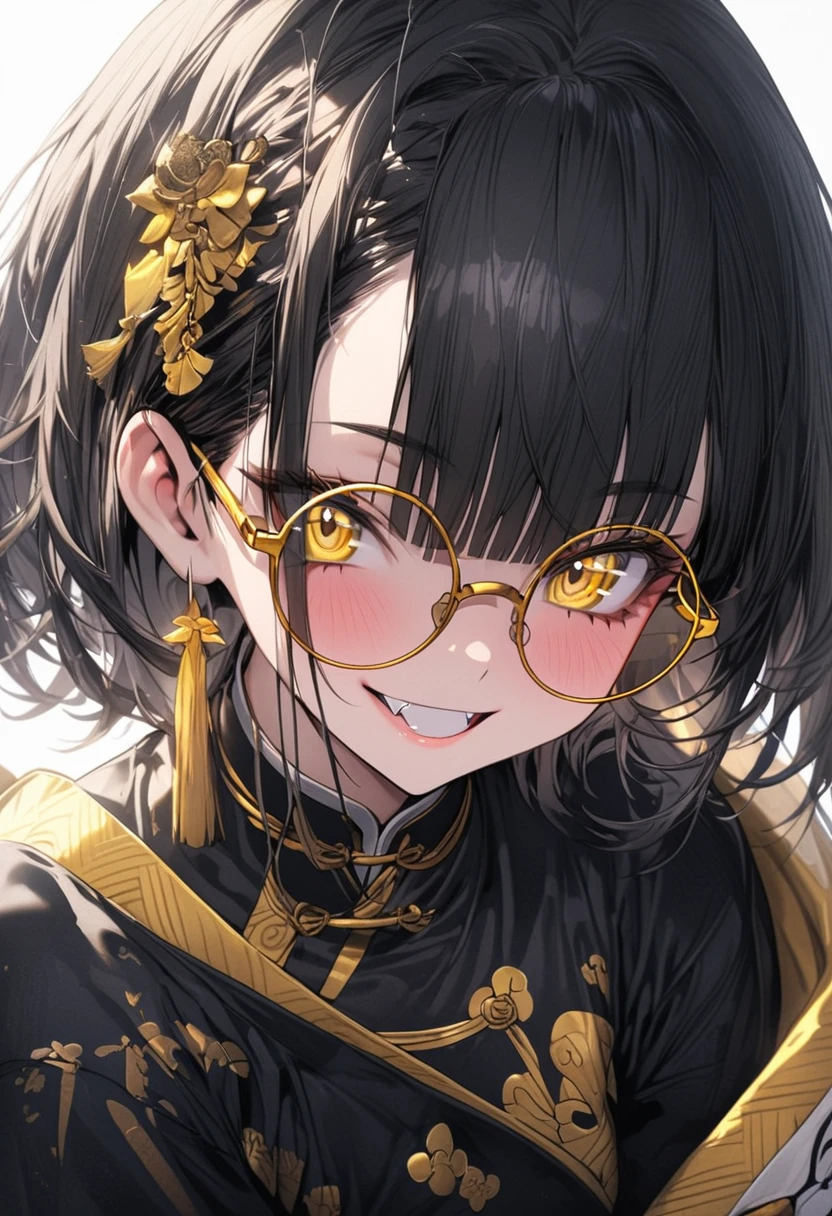 masterpiece, best quality, 16K, absurdres, insanely detailed, aethetic, warrior, Chinese Zodiac, Chinese style, Torso shot, fang, short eyebrows, sparkling eyes, round eyebrows, 1girl, most beautiful korean girl, stunningly beautiful girl, gorgeous girl, 20yo, over sized eyes, big eyes, smiling, (((yellow glasses:1.3))), headphone, short hair, blunt bangs,