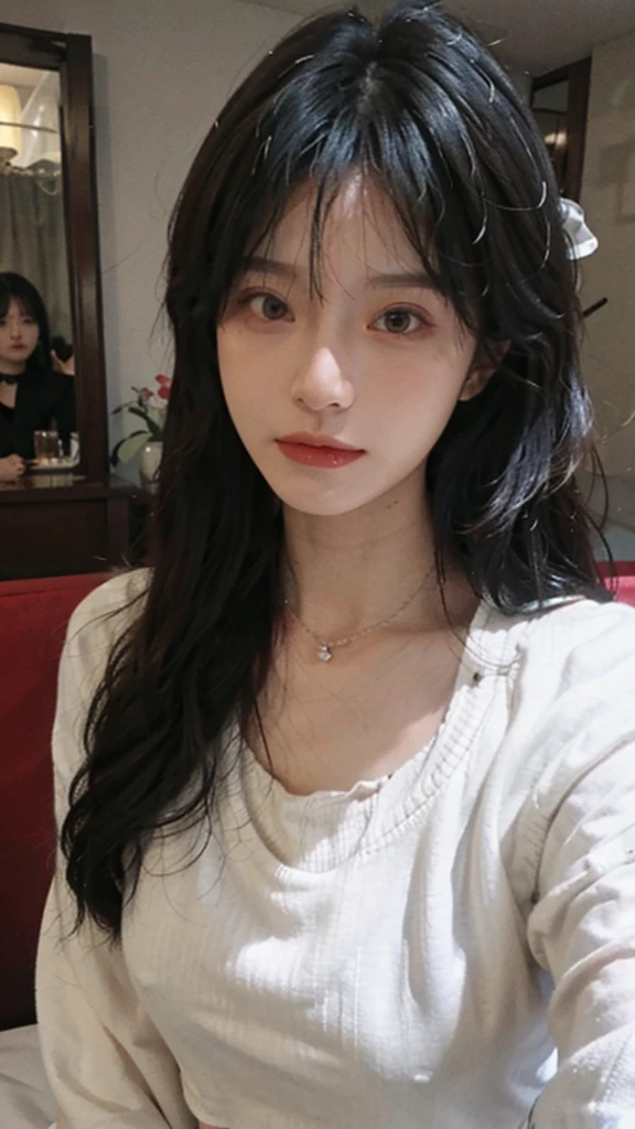 best qualtiy, Ultra-high resolution, (realisticlying:1.4),cute hairpin,1girll,Red long-haired,Cropped sweater ,Beautiful woman with a slim figure:1.4, Pronounced abs:1.4, On the island,Ultra-fine face,Elaborate Eyes,double eyelid,choker necklace