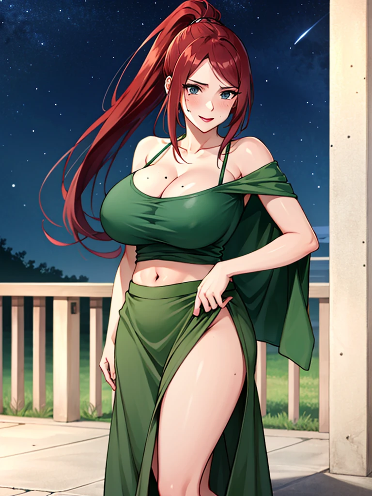 Uzumaki_kushina,huge breasts, beautiful face:1.3,butt hole,navel, cleavage ,bellybutton,off the shoulder:1.9,body facing front,full body shot,standing straight, short green skirt,green tshirt ,loose dress, mole on chest,red lipstick, mole on lip,ponytail,long hair,night sky, looking at view, heavy breasts,