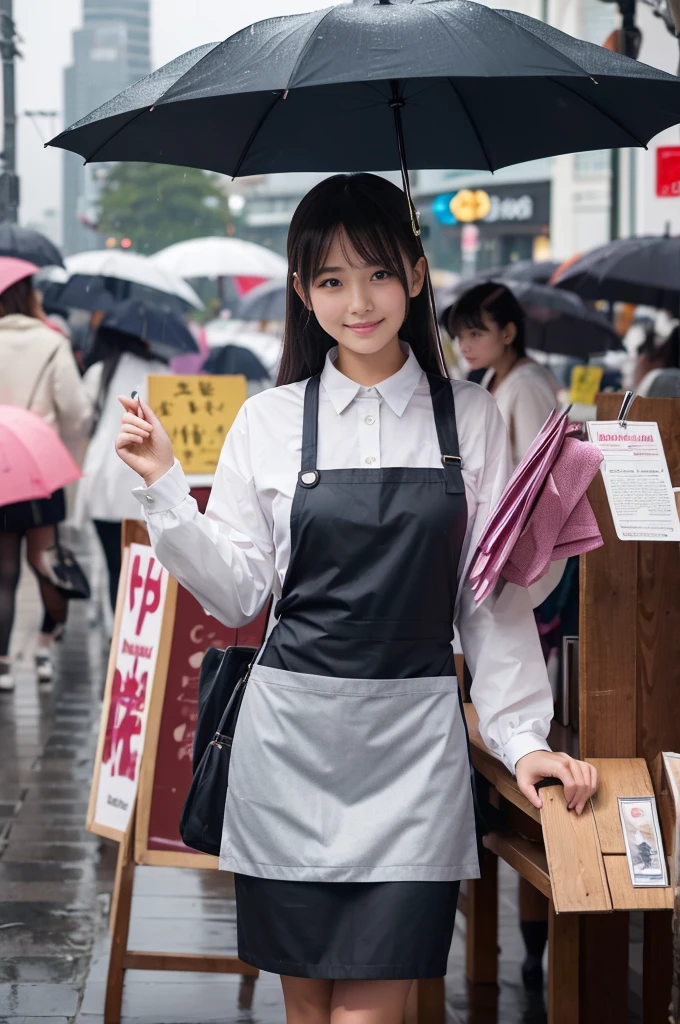 A 22-year-old girl selling umbrellas with umbrellas lined up（Wearing a miniskirt and apron）on a rainy day