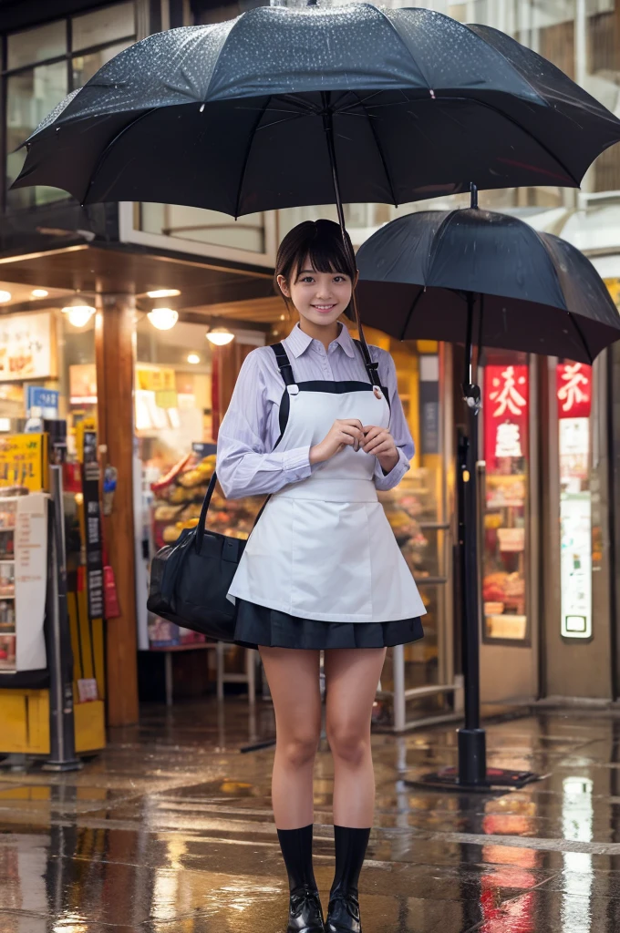 A 22-year-old girl selling umbrellas with umbrellas lined up（Wearing a miniskirt and apron）on a rainy day