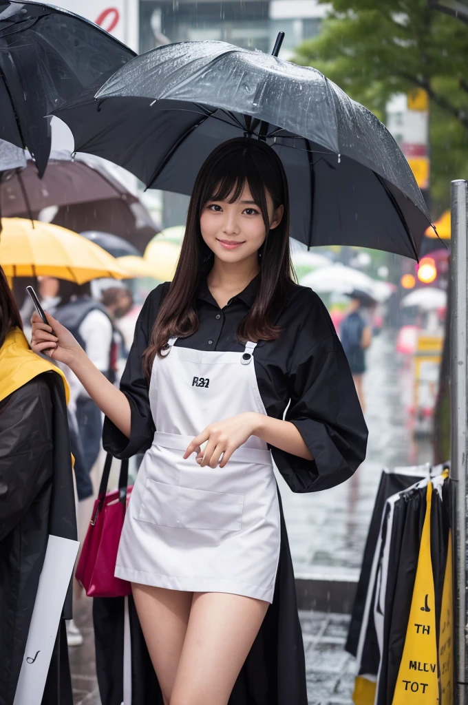 A 22-year-old girl selling umbrellas with umbrellas lined up(Wearing a miniskirt and apron)on a rainy day
