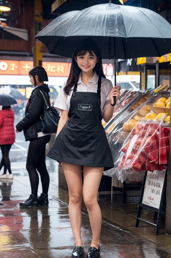 A 22-year-old girl selling umbrellas with umbrellas lined up（Wearing a miniskirt and apron）on a rainy day
