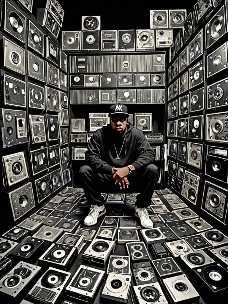 a hiphop album cover, in an image filled with deep darks in the style of an analog film grain, hdr, extremely detailed, 8k, 35mm photograph, amazing natural lighting, brilliant composition