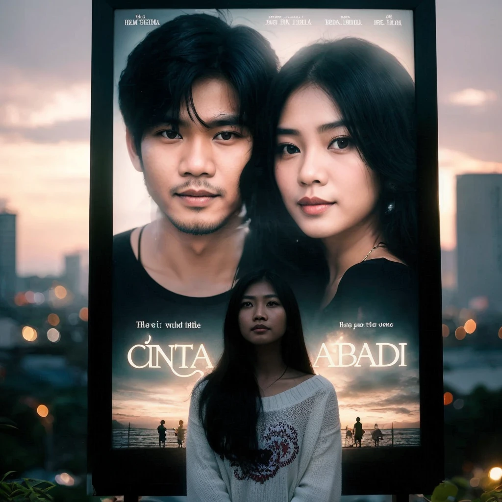 An Indonesian man is with a beautiful woman taking a photo in a frame. There is writing ETERNAL LOVE and other writing