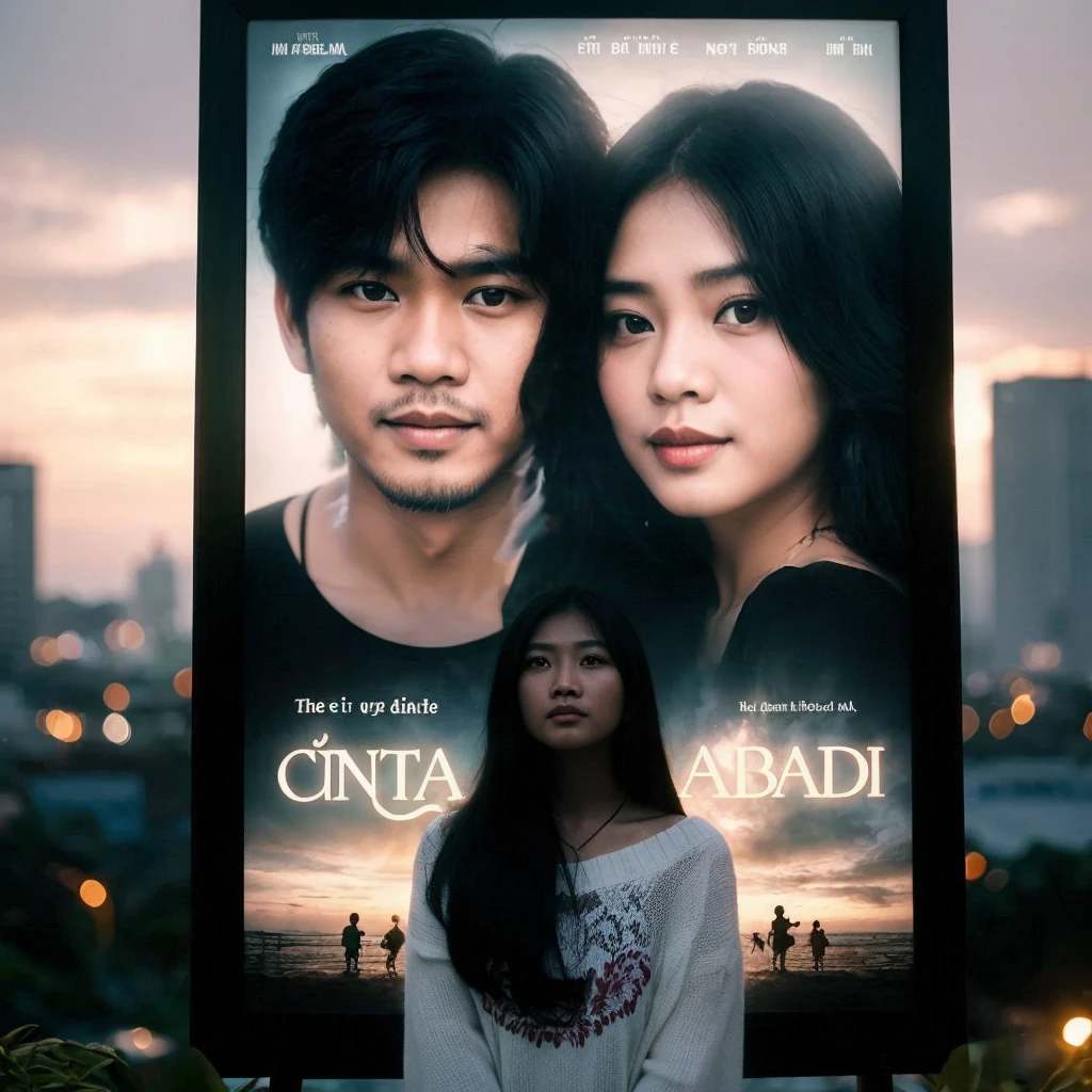 An Indonesian man is with a beautiful woman taking a photo in a frame. There is writing ETERNAL LOVE and other writing 
