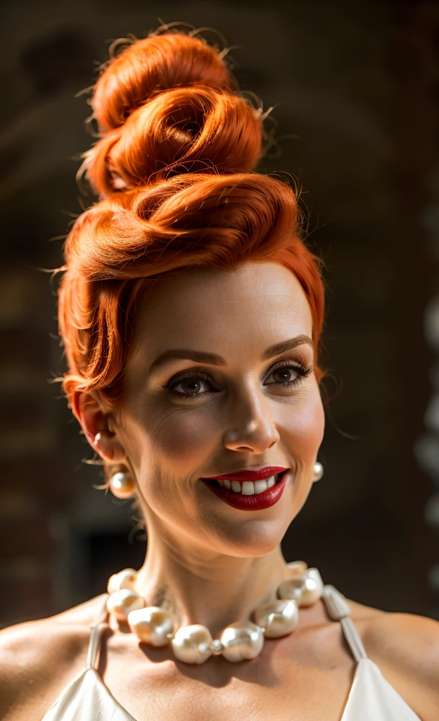 A professional ((whole body) Photo of three bedrooms) of a beautiful 35 year old woman, (Wilma Flintstone:1), Red hair, hypdertailed, white gown, (Pearl necklace), lipstick, Bare feet, smiling, finely detailed skin, detailed hair, detailed clothing texture, sharp focus, Depth of field. female focus. bokeh:1.4, natural lighting, rock background, kkw-ph1.