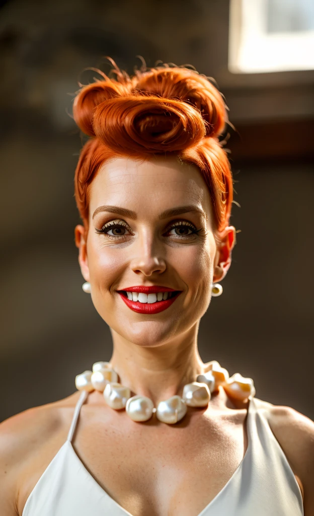 A professional ((whole body) Photo of three bedrooms) of a beautiful 35 year old woman, (Wilma Flintstone:1), Red hair, hypdertailed, white gown, (Pearl necklace), lipstick, Bare feet, smiling, finely detailed skin, detailed hair, detailed clothing texture, sharp focus, Depth of field. female focus. bokeh:1.4, natural lighting, rock background, kkw-ph1.