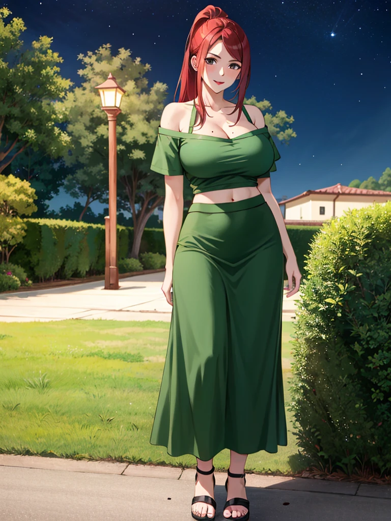 Uzumaki_kushina,huge breasts, beautiful face:1.3,butt hole,navel, cleavage ,bellybutton,off the shoulder:1.9,body facing front,full body shot,standing straight, short green skirt,green tshirt ,loose dress, mole on chest,red lipstick, mole on lip,ponytail,long hair,night sky, looking at view,