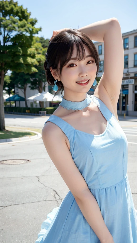 a woman posing on the street corner with light blue dress on, best quality, 1girl, large breasts, day, bright, blur background, bokeh, outdoor, (street:0.8), (people, crowds:1), (lace-trimmed dress:1.5, sleeveless dress, light blue clothes, light blue high-neck dress:1.2, blue dress: 1.5), gorgeous, (short hair, forehead:1.2), beautiful detailed sky, earrings, (dynamic pose:1.2), (upper body:0.8), soft lighting, wind, shiny skin, smile, 