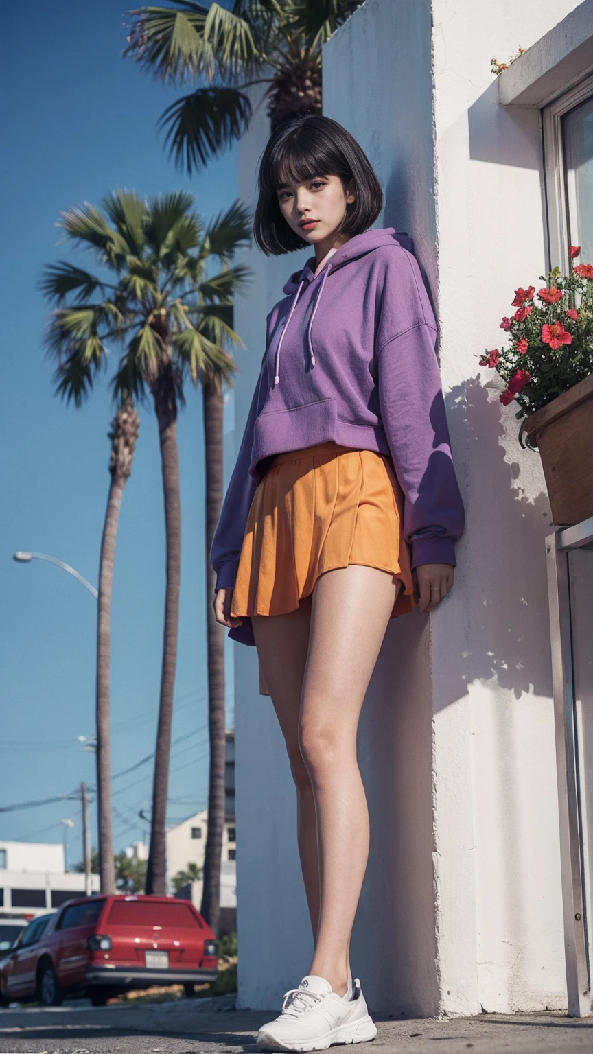 portrait of a 23 yo girl, plum body ,wear ((orange color oversized hoodie)), wear ((purple tennis skirt)),looking front,Best Quality,Masterpiece,Ultra High Resolution,(Realisticity:1.4),Original Photo, 1Girl, light leak,ultra high resolution,UHD,beautiful, (black bob hair), almond eye, no makeup, in front of (80's mondrian architecture motel), (realistic:1.2), (surreal:1.3), (very detailed:1.1), ((masterpiece)),summer, blue sky, palm trees,sunny, los angles vibes,film camera, 800mm lens,style of Philip Lorca diCorcia