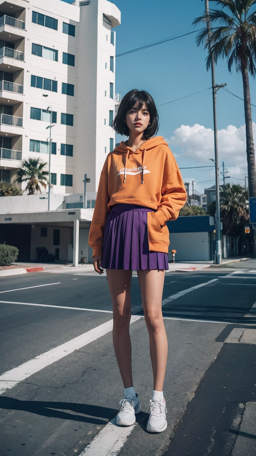 ultra detail, 8k portrait ((long shot full body photography)) ((best quality)), ((masterpiece)), (detailed), perfect beautiful face ,25 yo beautiful women ((orange color oversized_hoodie_e)) ((hoodie:1.5)), wear ((purple tennis skirt)), ((perfect natural breast)) perfect face, perfectly eyes, perfect lips, black bob hairstyles ,found footage, retro, 90's, old photo, photo noise, old photo, retro, masterpiece, raw photo, film photo, old, noisy photo, in front of the camera, casual photo, grain photo, in front of the camera, VHS footage, VHS look, chromatic aberration( low chromatic aberration), film footage, grainy photo, dirty photo, posing, retro photo, vintage photo, old, 90's, ((background at old 80's gas station California)),(palm trees), blue sky, summer, los angles vibes, film by ((Wes Anderson style effect color)), 800mm lens,style of Philip Lorca diCorcia