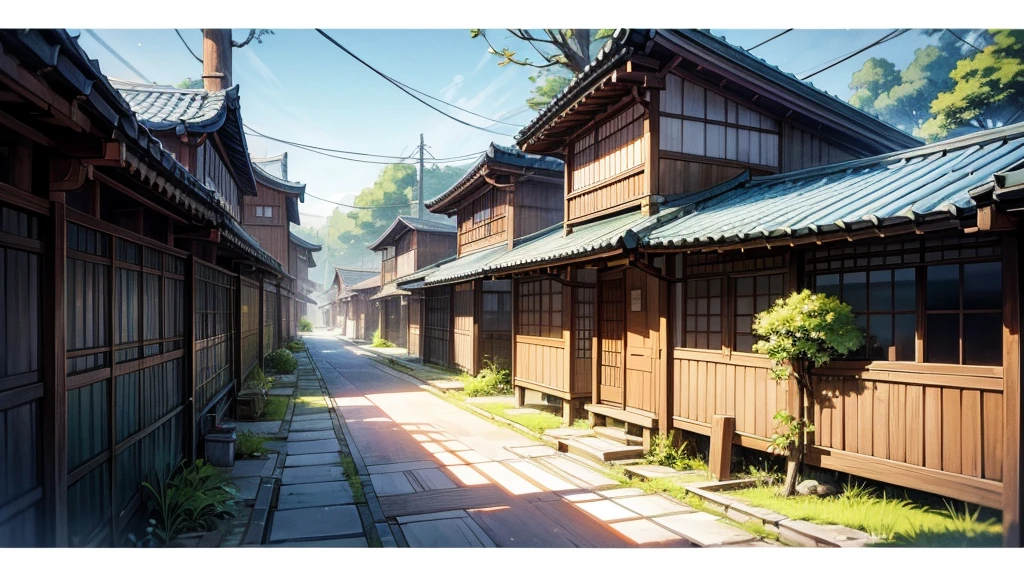 This image depicts a quiet village scene with a tree-lined street leading to a cluster of houses. The architecture suggests a rural or semi-rural atmosphere, with various traditional Japanese design elements such as tiled roofs and wooden fences. The sky is clear and blue, indicating a bright and sunny day. there is a girl in a Japanese high  seen in the picture, adding to the serene atmosphere.