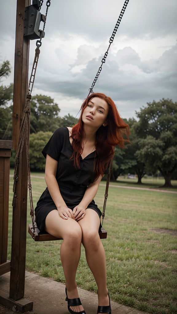 Black hair girl with red locks, smoking, sitting on a swing, looking into nothing, on a cloudy day