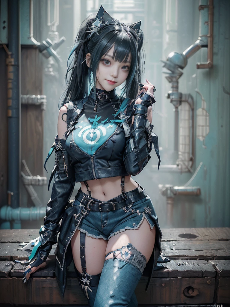 (Full body view:1.4)、(Full Body View:1.4)、(Side view:1.1)、(Smiling with teeth showing:1.3),(Shibuya Gal:1.5)、(Maid café clerk:1.5)、(Punk RockVisual Kei:1.4)、(Turquoise, navy and denim medieval noble zip up:1.5)、(Navy and white arm covers and bugle pants:1.5)、(Blue high heels:1.3)、(Wearing silver accessories:1.5)、(Dark brown collar:1.4)、(Leather garter belt:1.4)、(Brown Skin Belt:1.3)、(Black lace underwear:1.5)、20-year-old、NSFW、((Highest quality、In 8K、masterpiece:1.3))、Sharp focus:1.2、(Layered Cut、Huge boobs:1.1),Beautiful woman with perfect figure:1.4、(Doing an aerobics pose:1.3)、Slender Abs:1.2、Highly detailed face and skin texture、Detailed eyes、double eyelid,(Twin tails:1.3)、(Black Hair:1.3)、Gravure idol、(A fairytale-like cafe with a lush tree background:1.3)、(Slim Body:1.3),(Make your legs thinner:1.4),(Thin, thin thighs:1.3)、(clavicle:1.1)