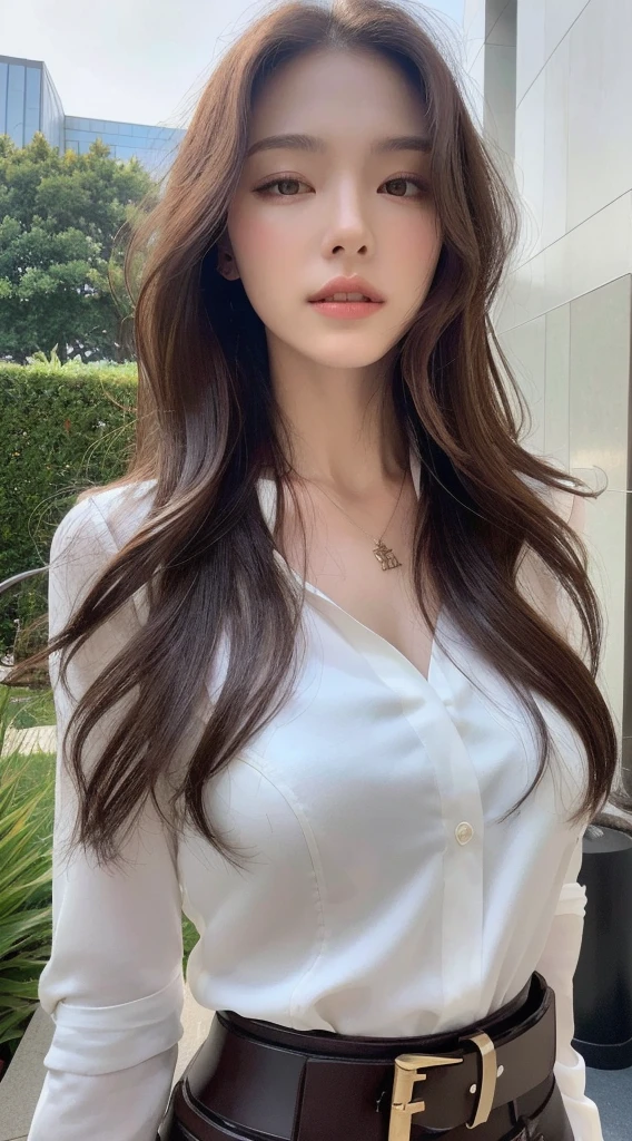 (Best quality, High resolution, Masterpiece :1.3), A tall and pretty woman, Slender abs, Dark brown hair styled in loose waves, Breasts, Wearing pendant, White button up shirt, Belt, Black skirt, (Modern architecture in background), Details exquisitely rendered in the face and skin texture, Detailed eyes, Double eyelid. Com peitos enormes