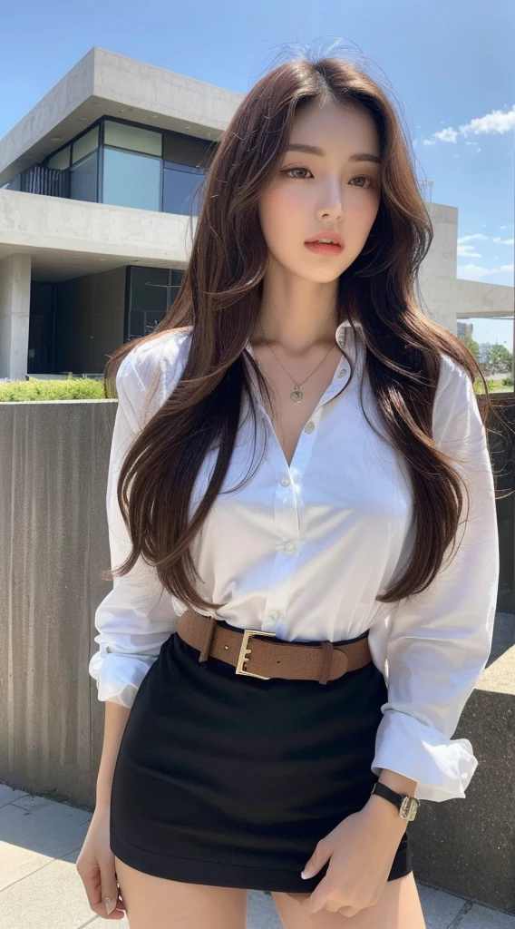 (Best quality, High resolution, Masterpiece :1.3), A tall and pretty woman, Slender abs, Dark brown hair styled in loose waves, Breasts, Wearing pendant, White button up shirt, Belt, Black skirt, (Modern architecture in background), Details exquisitely rendered in the face and skin texture, Detailed eyes, Double eyelid. Com peitos enormes