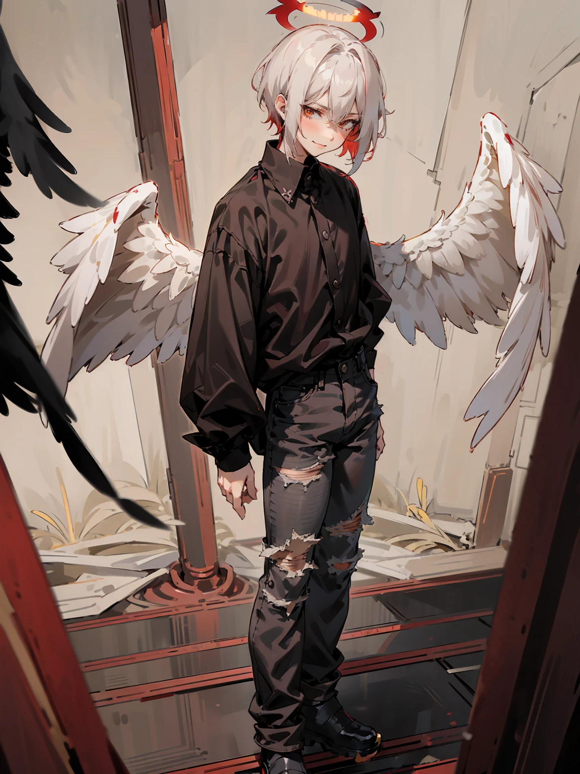 1male, Adult, Two Tone Hair, Crimson and White Hair, Short Hair, Undercut Hair, Red Angel Halo, Black Wings, Golden Eyes, Smirk, Black Flannel Shirt, Black Ripped Jeans, Standing On Path