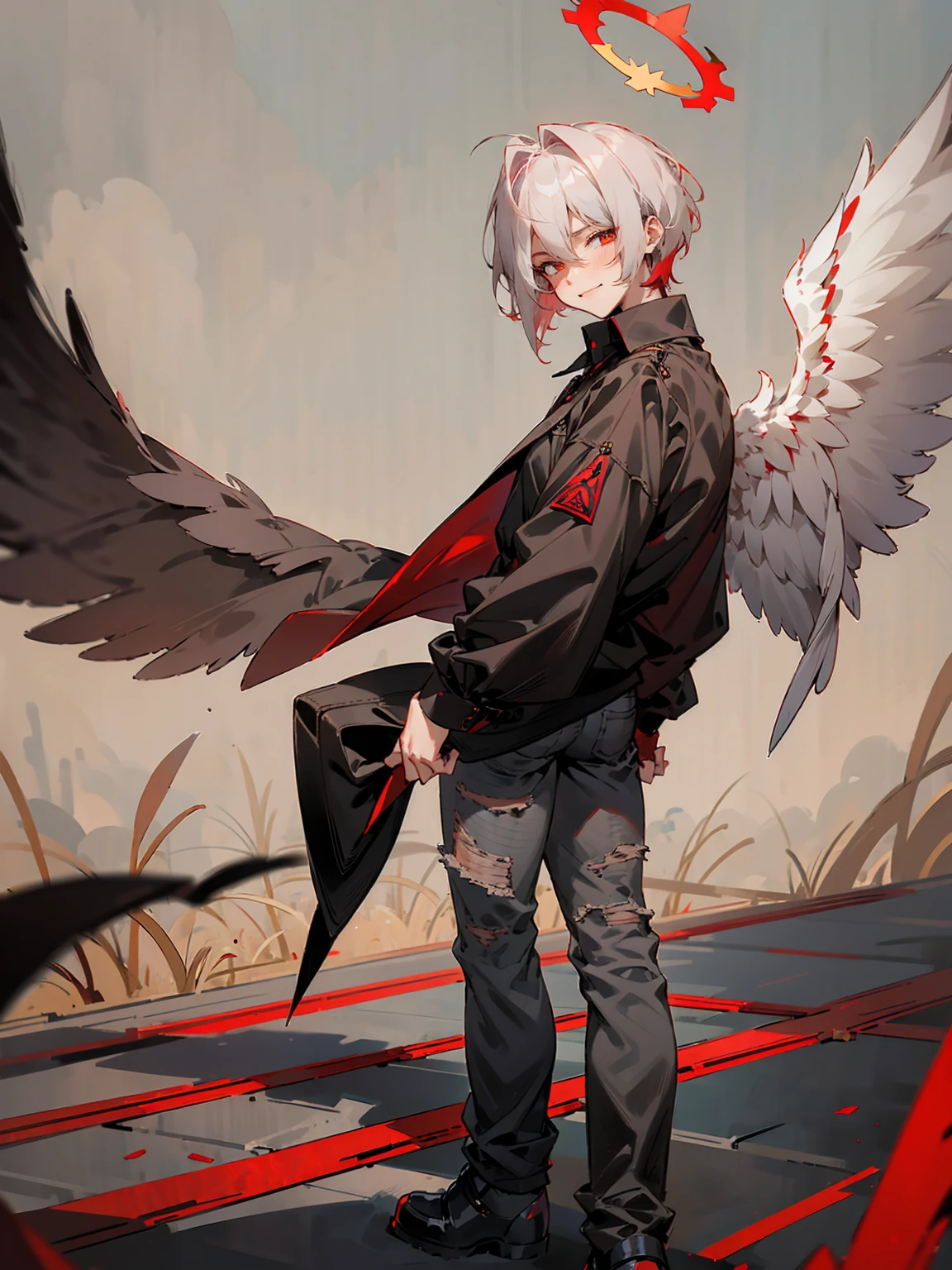 1male, Adult, Two Tone Hair, Crimson and White Hair, Short Hair, Undercut Hair, Red Angel Halo, Black Wings, Golden Eyes, Smirk, Black Flannel Shirt, Black Ripped Jeans, Standing On Path