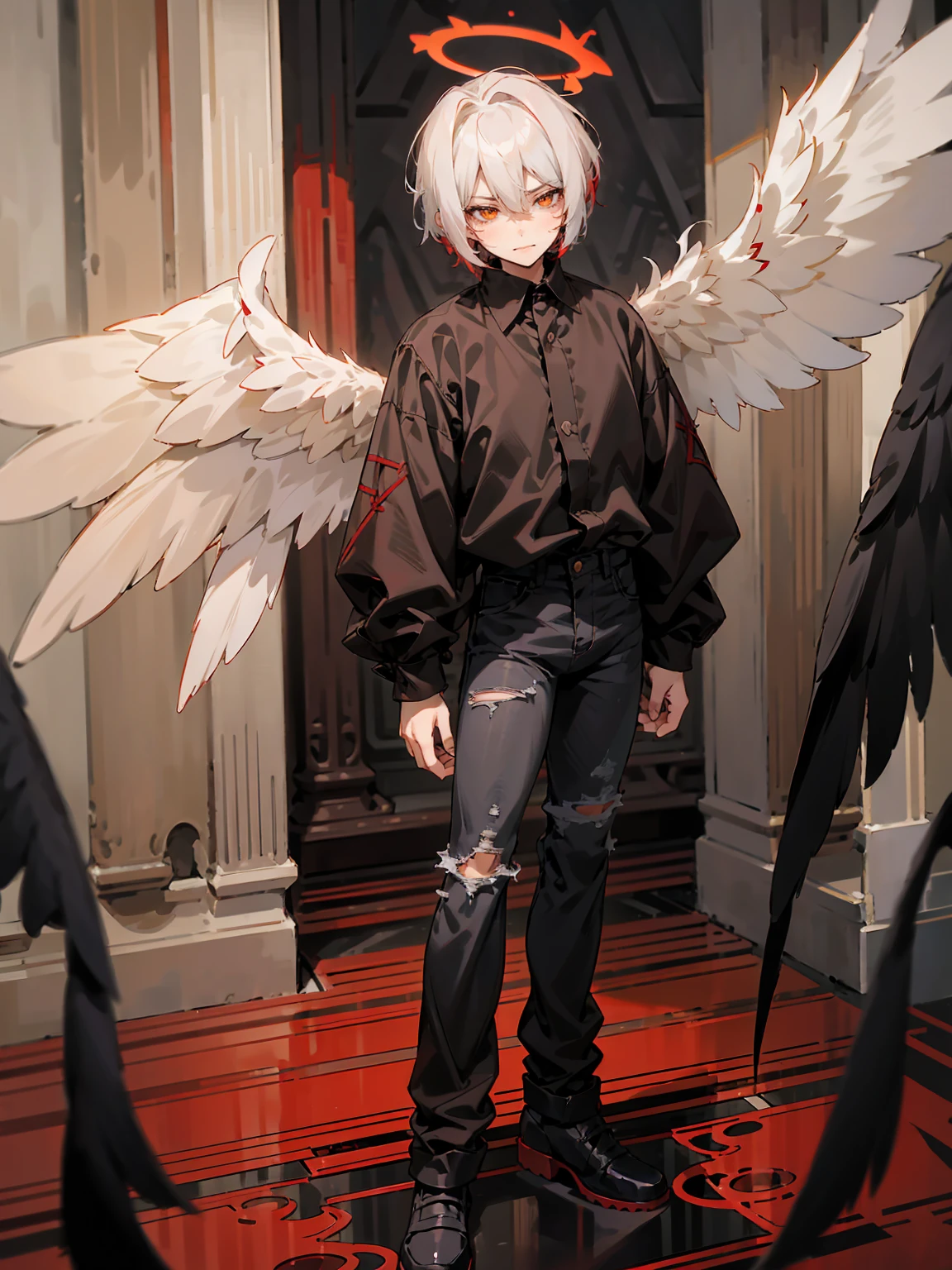 1male, Adult, Two Tone Hair, Crimson and White Hair, Short Hair, Undercut Hair, Red Angel Halo, Black Wings, Golden Eyes, Smirk, Black Flannel Shirt, Black Ripped Jeans, Standing On Path