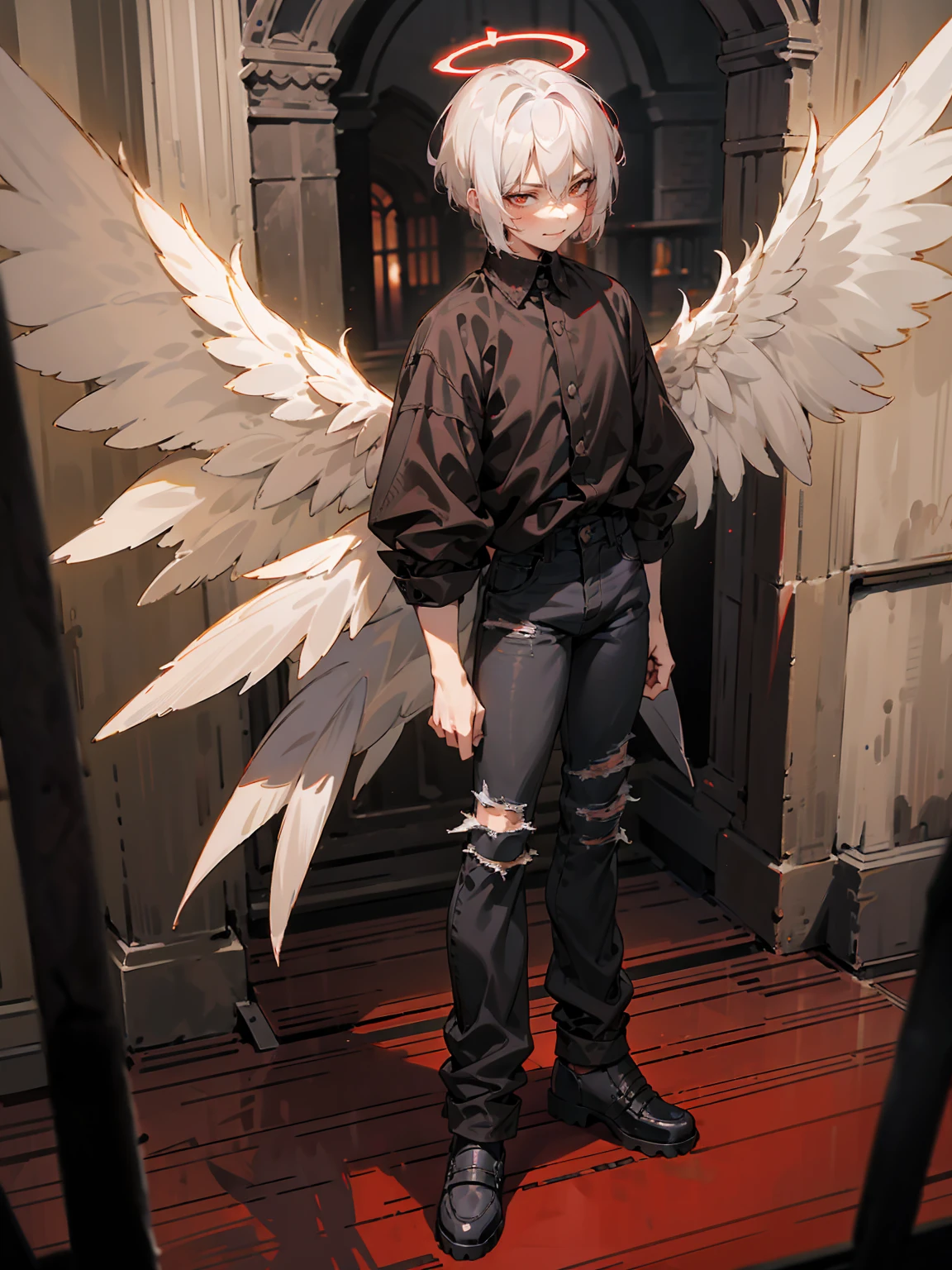 1male, Adult, Two Tone Hair, Crimson and White Hair, Short Hair, Undercut Hair, Red Angel Halo, Black Wings, Golden Eyes, Smirk, Black Flannel Shirt, Black Ripped Jeans, Standing On Path