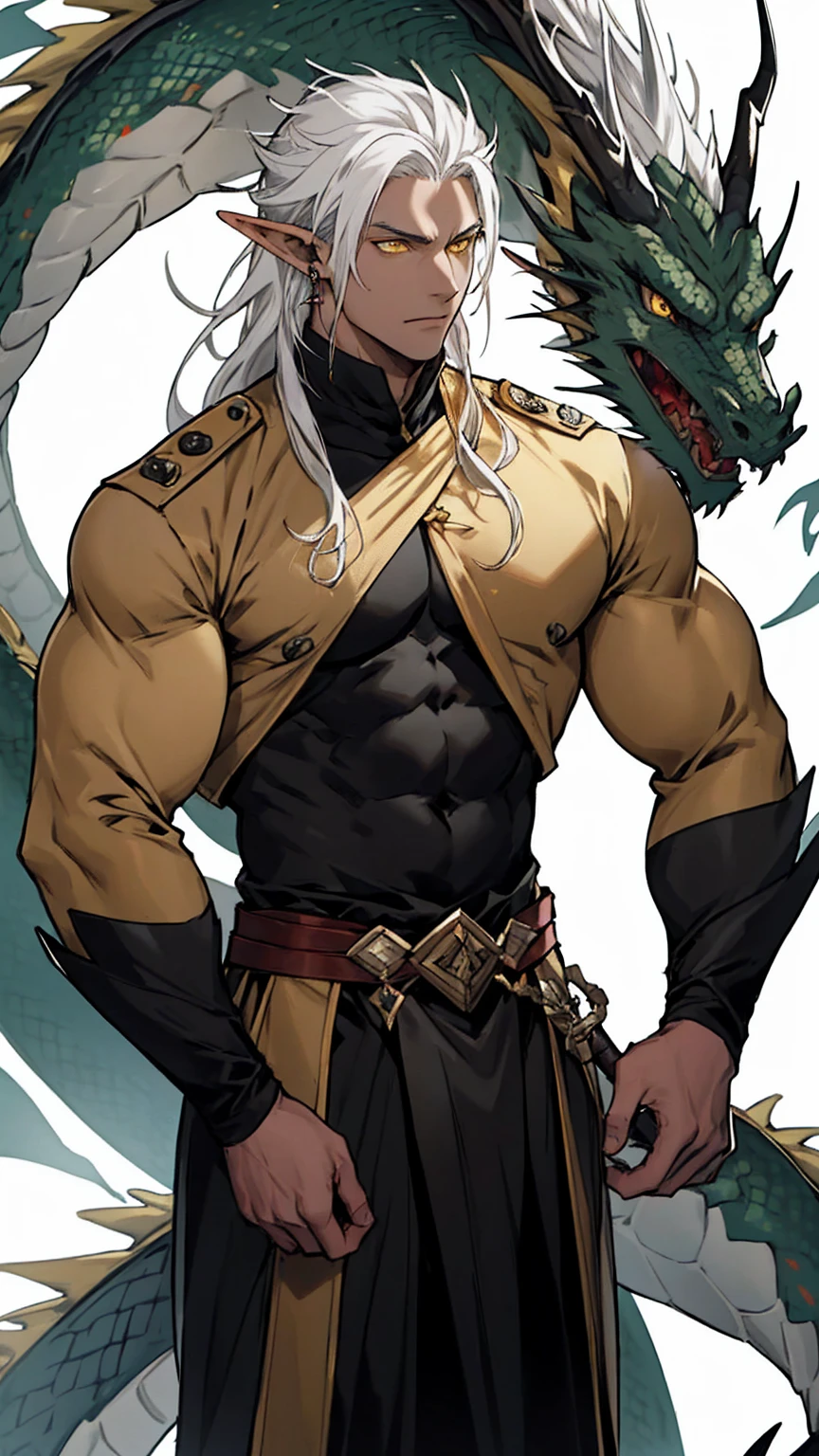 Man, tall, big, strong, black, elf, black, black skin, long hair, yellow eyes, elf, earring, emperor, domineering , Straight white hair, white hair, yellow eyes , black skin , Dragon horn , Dragon horn, half dragon